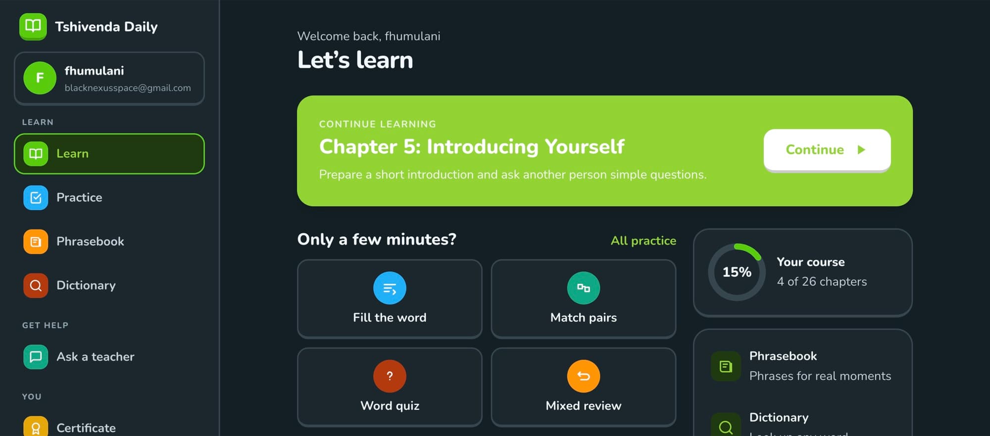 Tshivenda Daily learn screen with continue learning, quick practice games and course progress