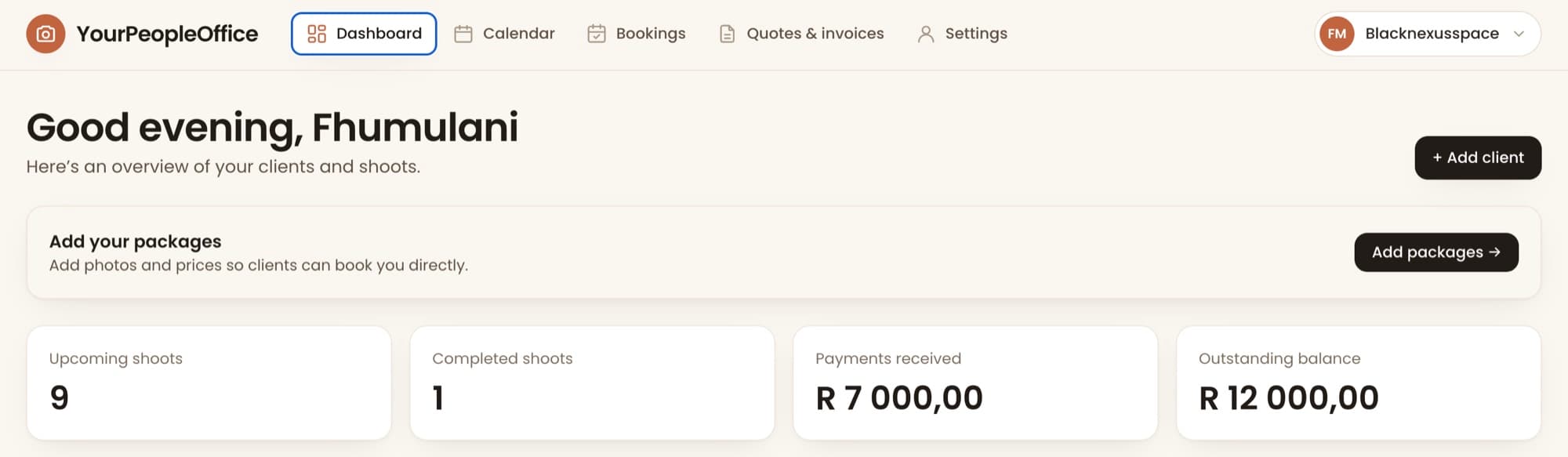 YourPeopleOffice dashboard showing upcoming shoots, completed shoots, payments received and outstanding balance
